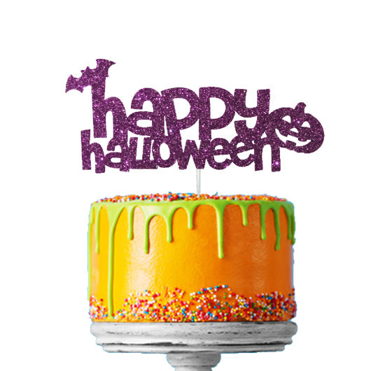 Happy Halloween - Pumpkin and Bat Cake Topper Glitter Card Dark Purple