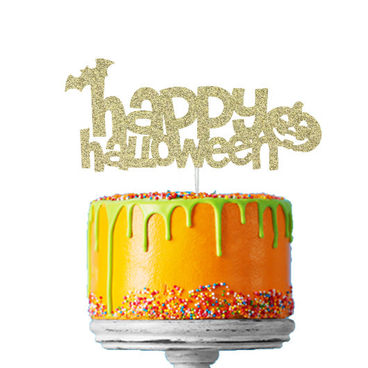 Happy Halloween - Pumpkin and Bat Cake Topper Glitter Card Gold 