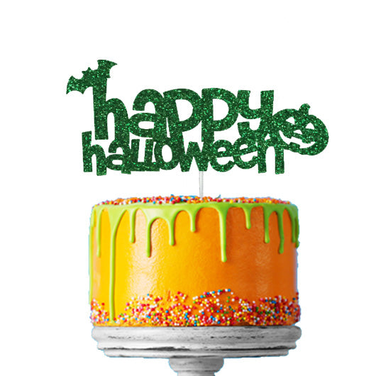 Happy Halloween - Pumpkin and Bat Cake Topper Glitter Card Green