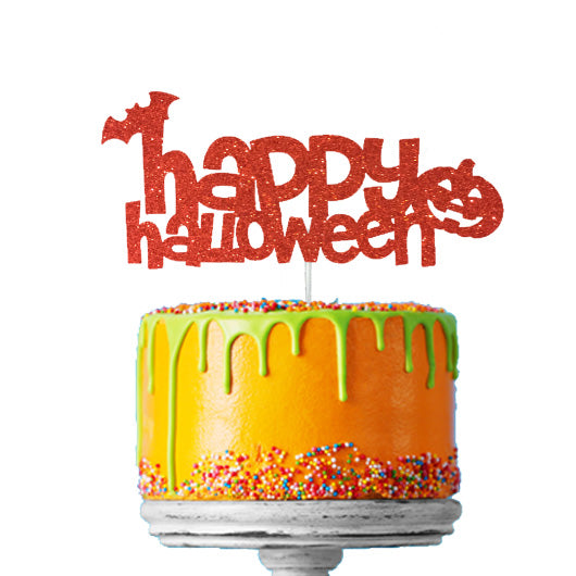 Happy Halloween - Pumpkin and Bat Cake Topper Glitter Card Red