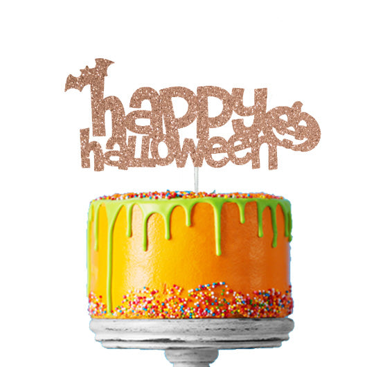 Happy Halloween - Pumpkin and Bat Cake Topper Glitter Card Rose Gold