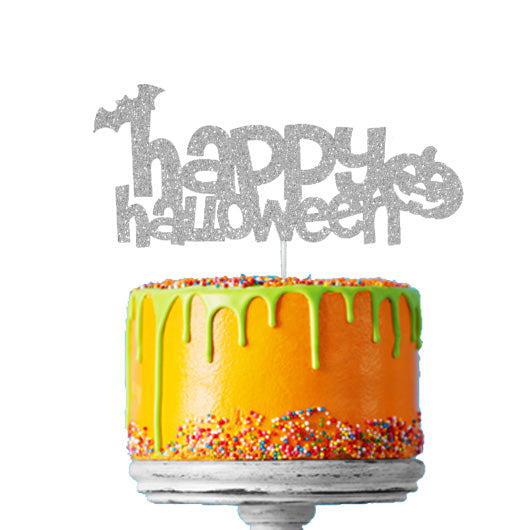 Happy Halloween - Pumpkin and Bat Cake Topper Glitter Card Silver