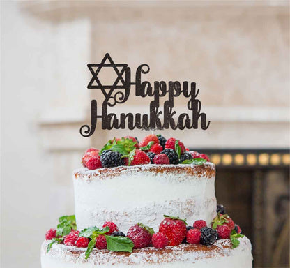 Happy Hanukkah Cake Topper Glitter Card Black