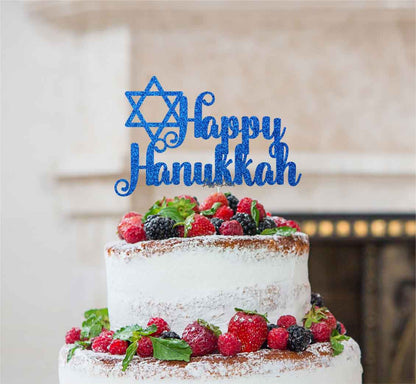 Happy Hanukkah Cake Topper Glitter Card Dark Blue