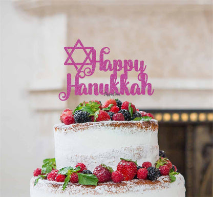 Happy Hanukkah Cake Topper Glitter Card Hot Pink