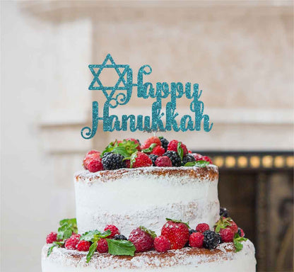 Happy Hanukkah Cake Topper Glitter Card Light Blue