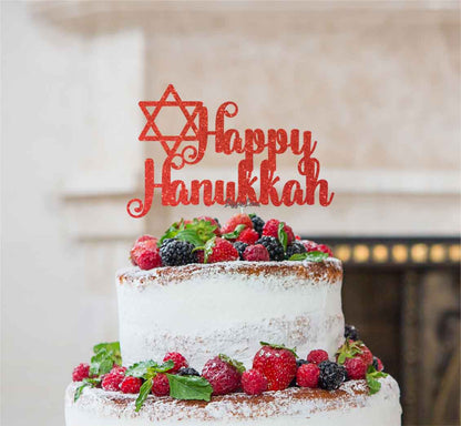 Happy Hanukkah Cake Topper Glitter Card Red