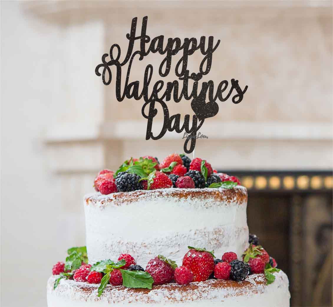 Happy Valentine's Day Cake Topper Glitter Card Black