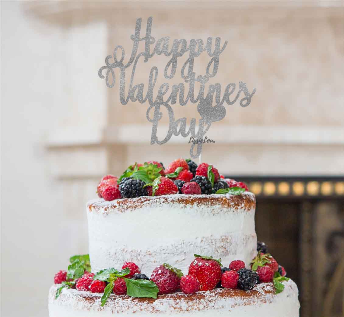 Happy Valentine's Day Cake Topper Glitter Card Silver