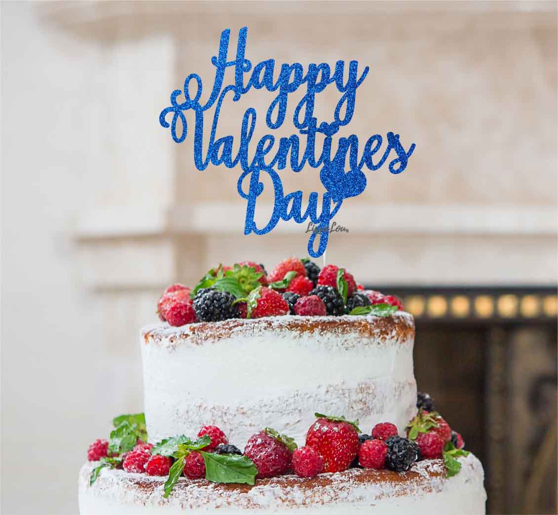 Happy Valentine's Day Cake Topper Glitter Card Dark Blue