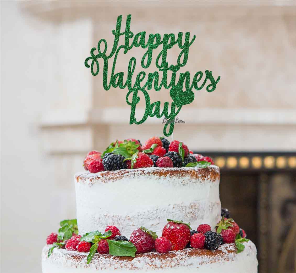 Happy Valentine's Day Cake Topper Glitter Card Green