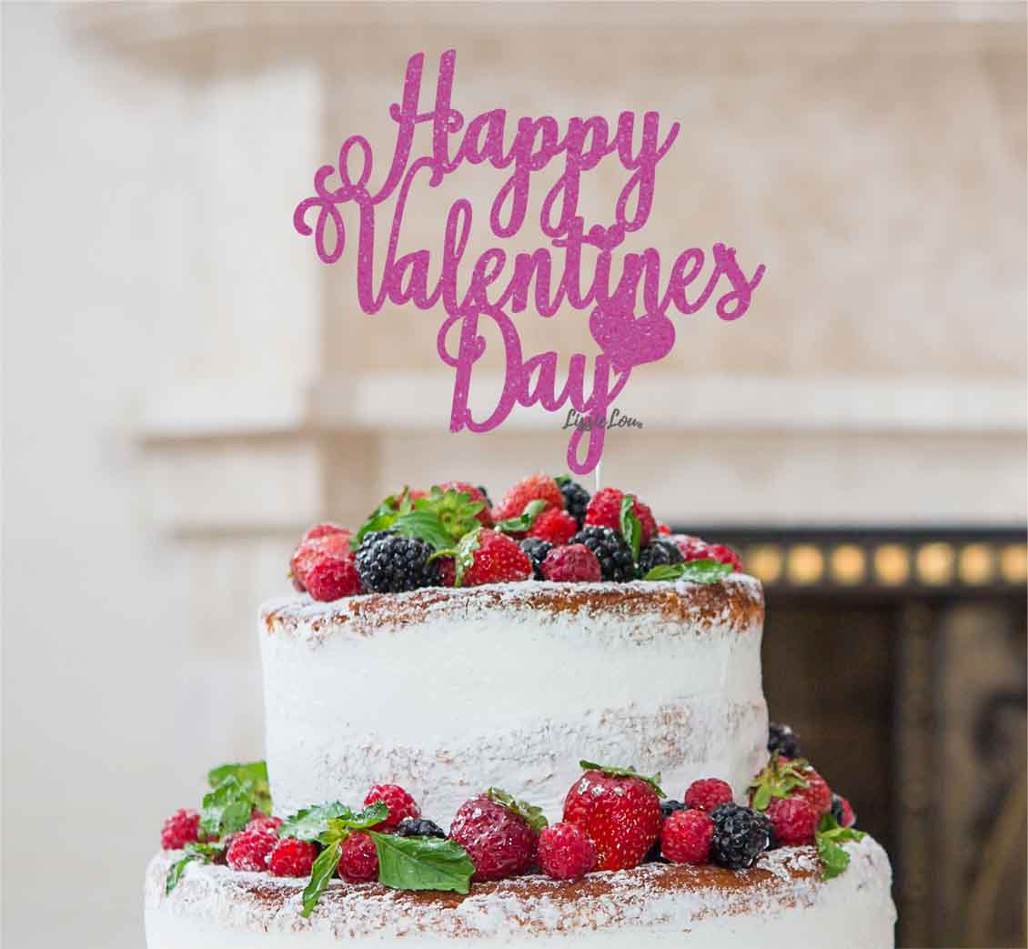 Happy Valentine's Day Cake Topper Glitter Card Hot Pink
