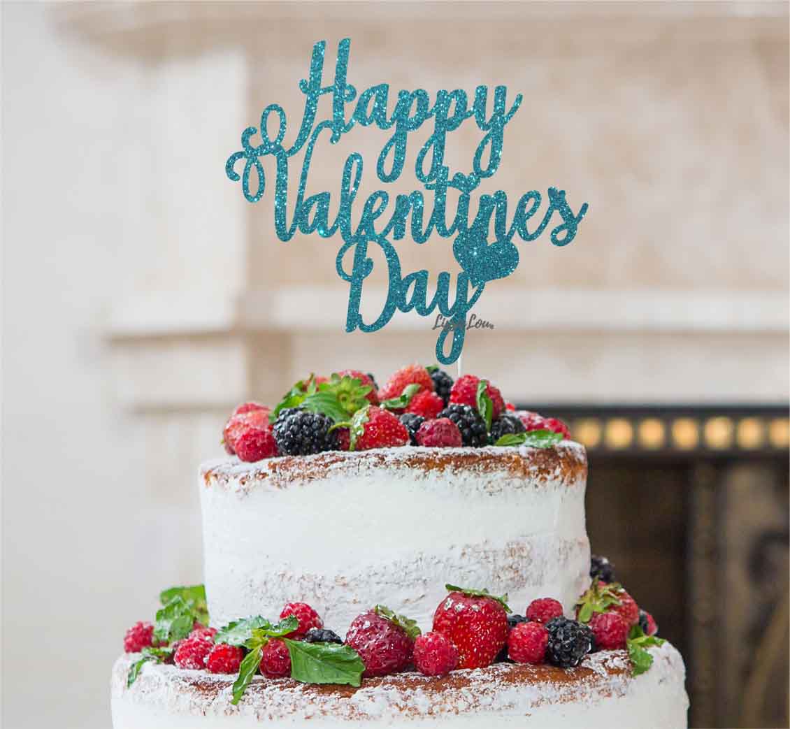 Happy Valentine's Day Cake Topper Glitter Card Light Blue