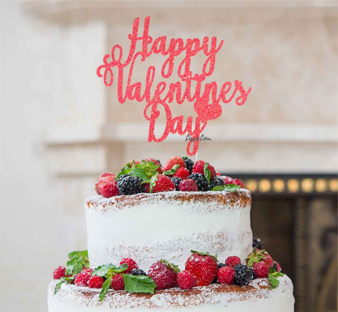 Happy Valentine's Day Cake Topper Glitter Card Light Pink