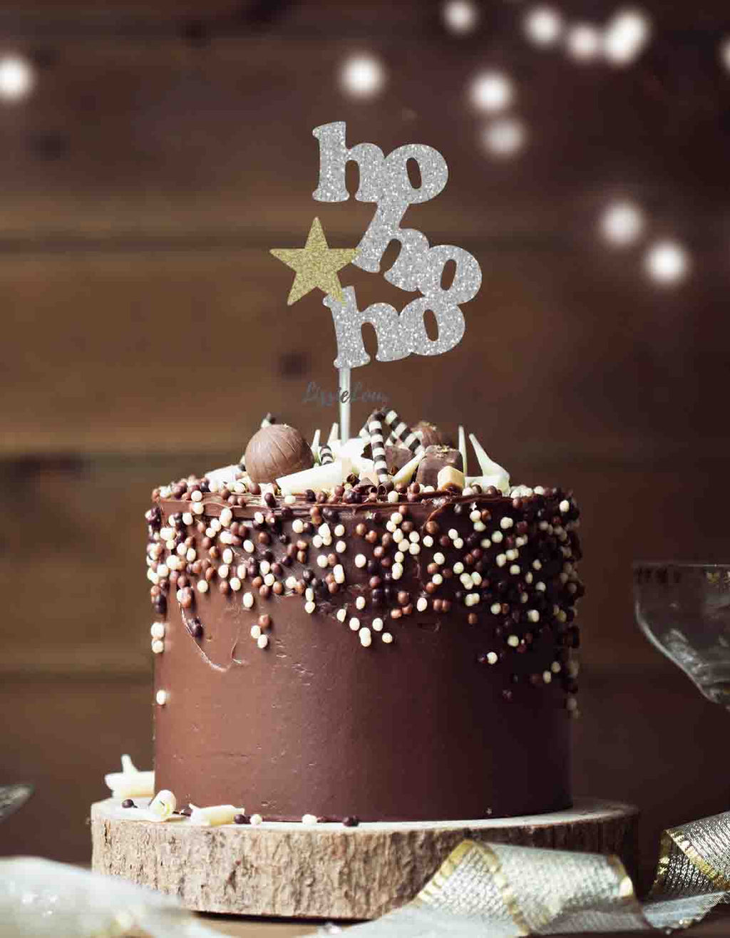 hohoho with Star Christmas Cake Topper Glitter Card Silver and Gold