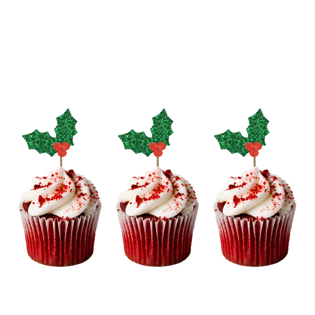 Glitter Holly Cupcake Toppers