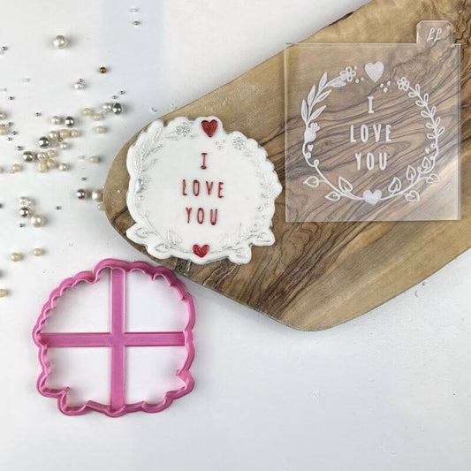 I Love You in Floral Heart Circle Valentine's Cookie Cutter and Embosser