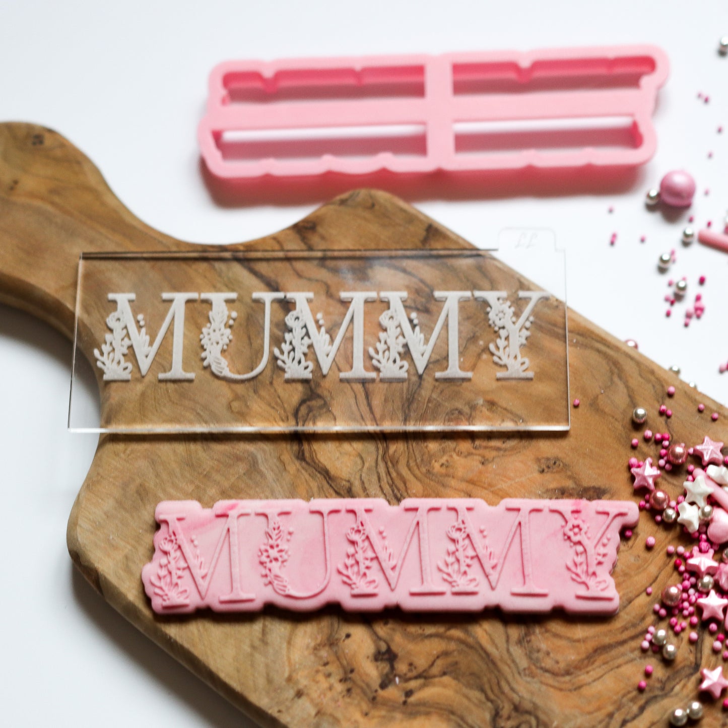 Mummy in Floral Font Mother's Day Cookie Cutter and Embosser