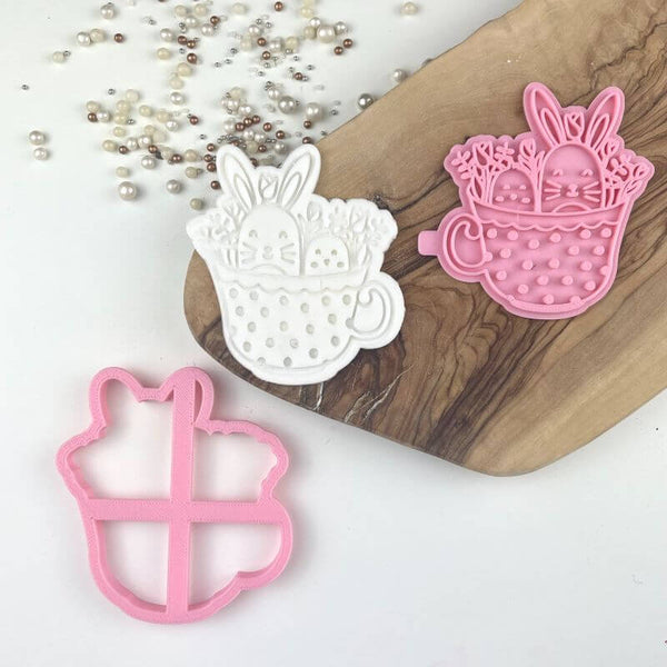 Rabbit and Chick in Teacup Cookie Cutter and Stamp