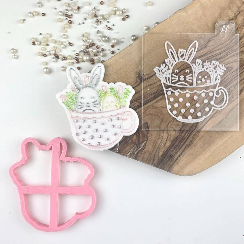 Rabbit and Chick in Teacup Easter Cookie Cutter and Embosser