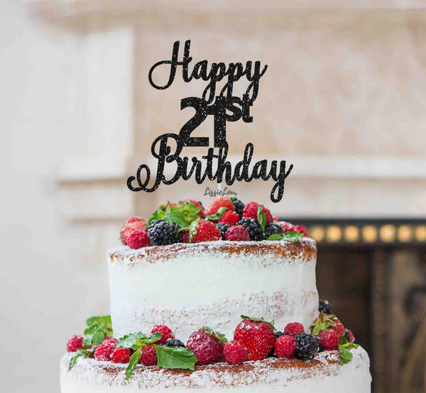 Happy 21st Birthday Pretty Cake Topper Glitter Card Black