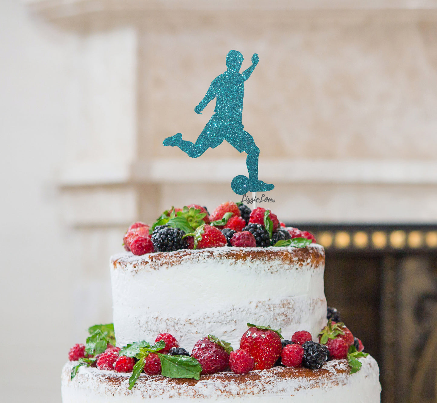 Footballer Kicking Cake Topper Glitter Card Light Blue