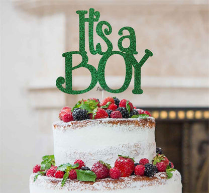 It's a Boy Baby Shower Cake Topper Glitter Card Green