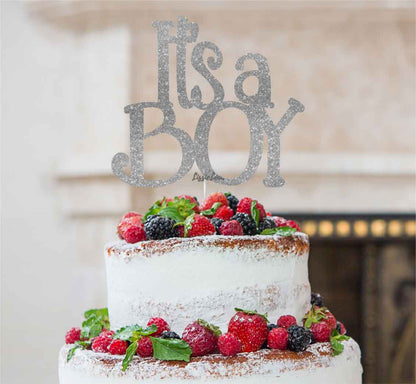 It's a Boy Baby Shower Cake Topper Glitter Card Silver