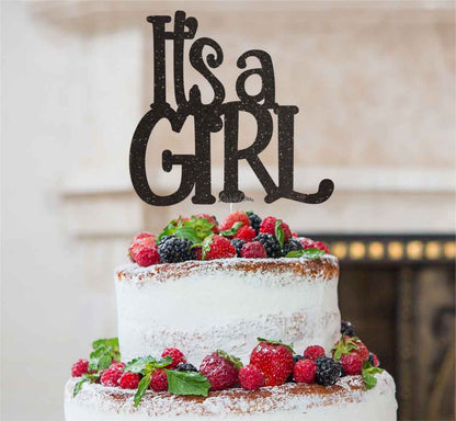 It's a Girl Baby Shower Cake Topper Glitter Card Black