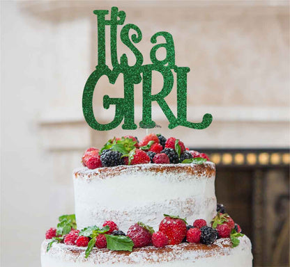 It's a Girl Baby Shower Cake Topper Glitter Card Green