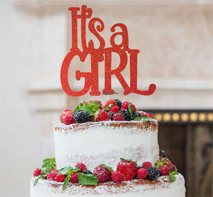 It's a Girl Baby Shower Cake Topper Glitter Card Red