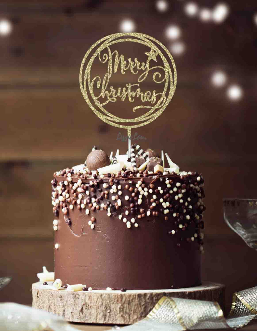Merry Christmas Circle Cake Topper Glitter Card Gold