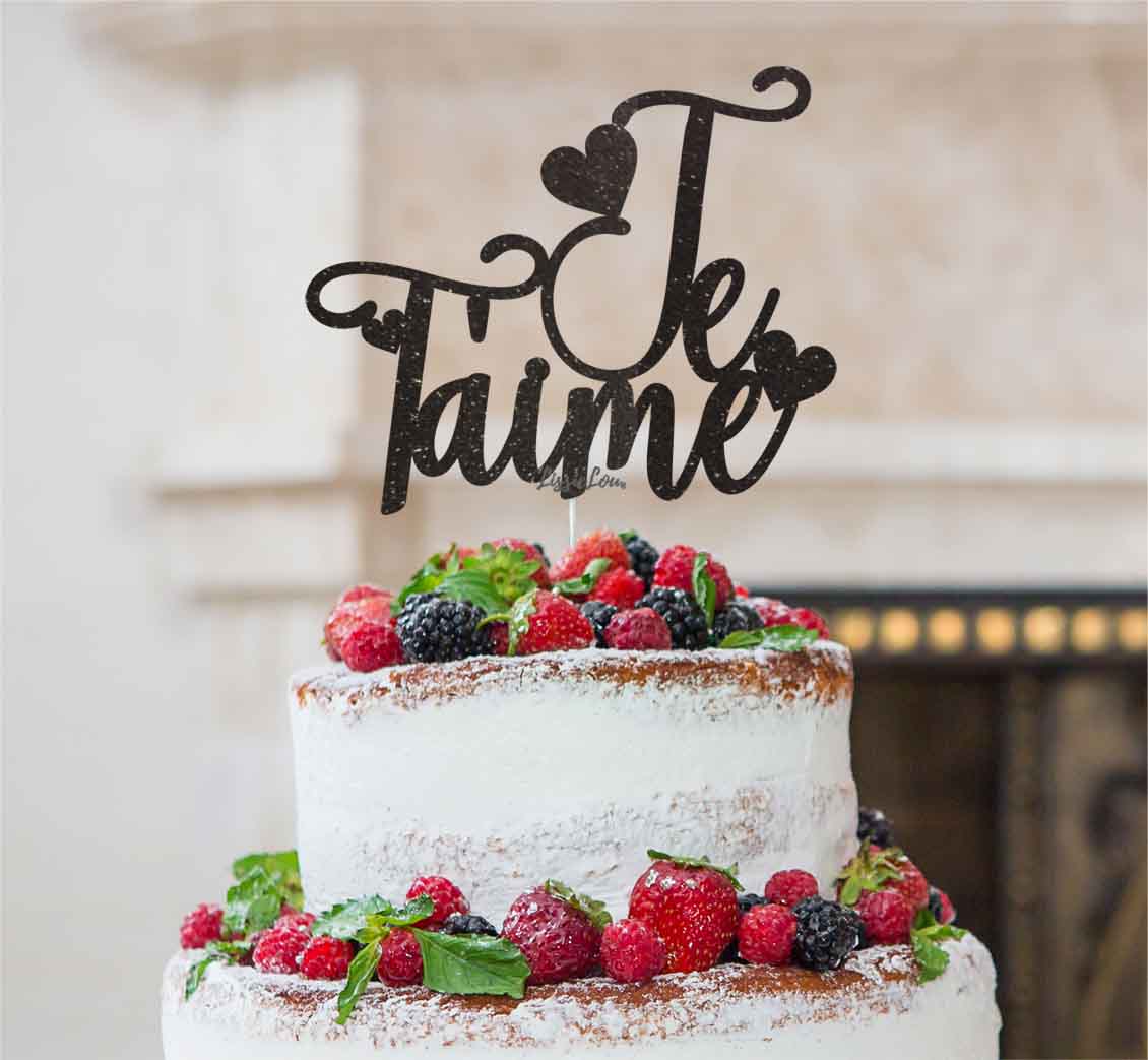 Je T'aime I Love You Cake Topper Glitter Card Black