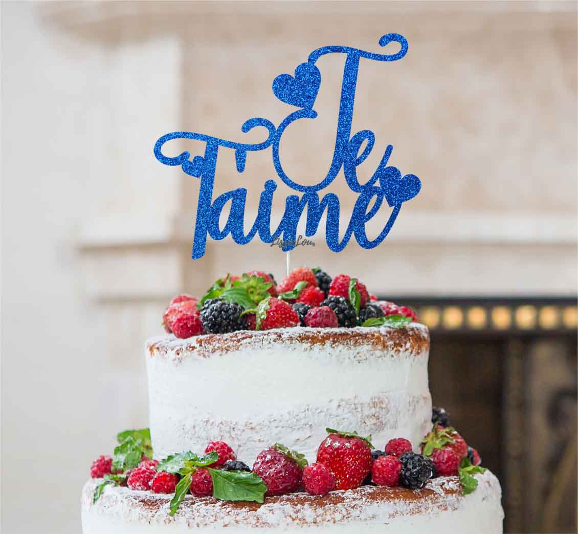 Je T'aime I Love You Cake Topper Glitter Card Dark Blue