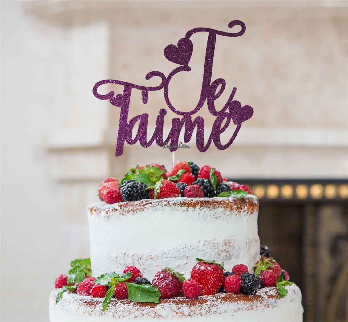 Je T'aime I Love You Cake Topper Glitter Card Dark Purple