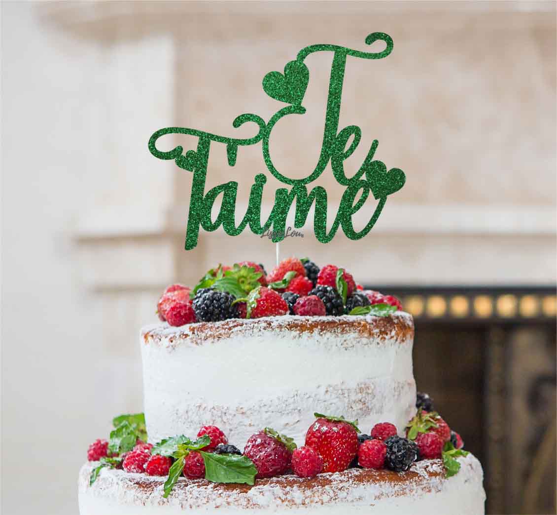 Je T'aime I Love You Cake Topper Glitter Card Green