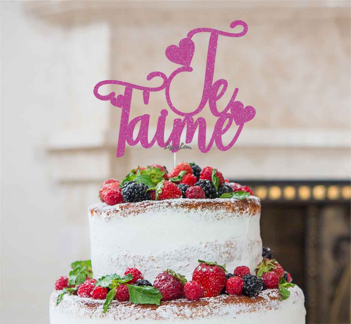 Je T'aime I Love You Cake Topper Glitter Card Hot Pink
