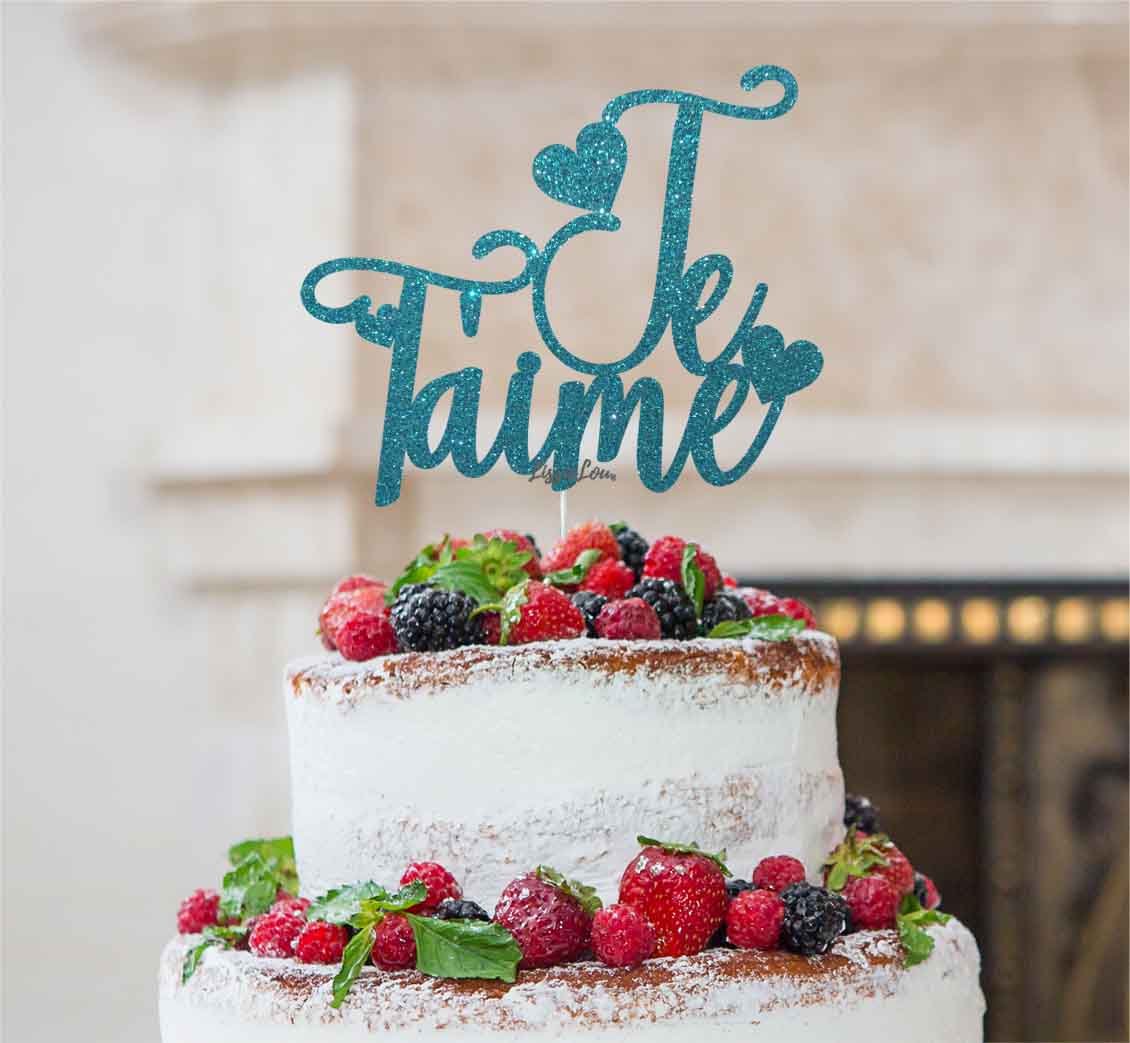 Je T'aime I Love You Cake Topper Glitter Card Light Blue