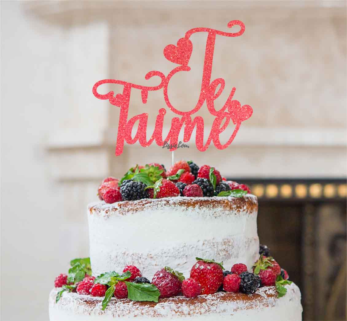 Je T'aime I Love You Cake Topper Glitter Card Light Pink
