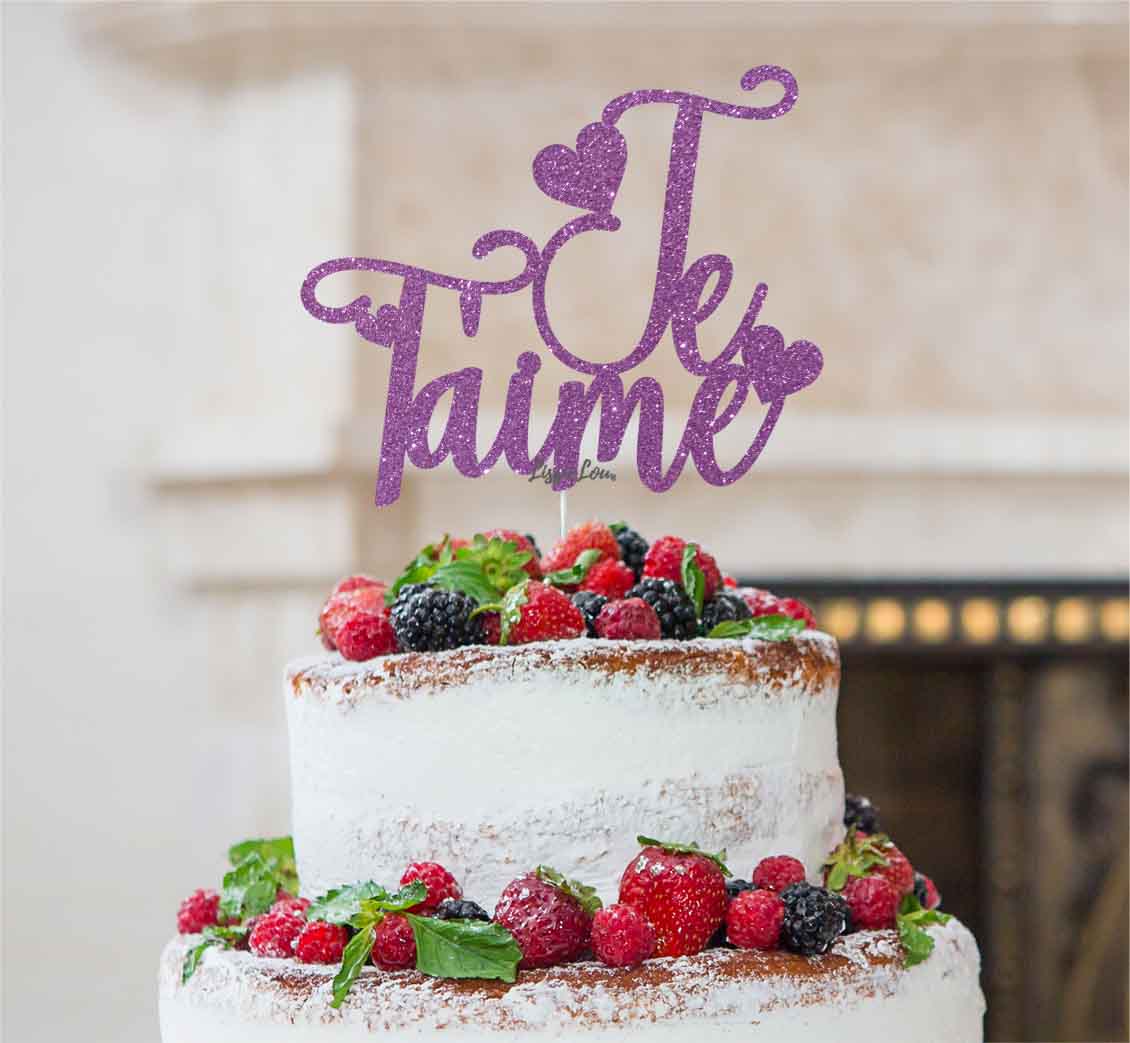 Je T'aime I Love You Cake Topper Glitter Card Light Purple