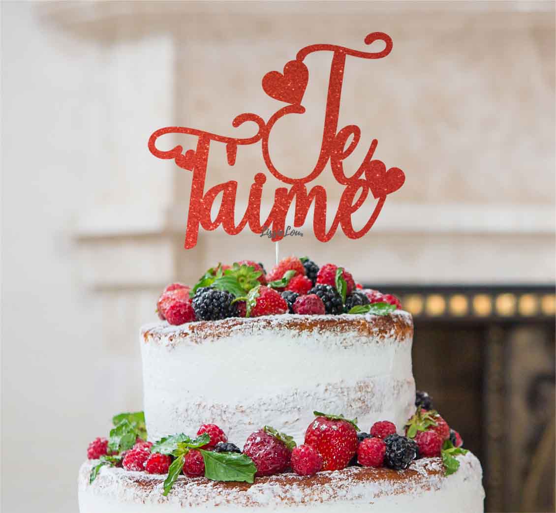Je T'aime I Love You Cake Topper Glitter Card Red