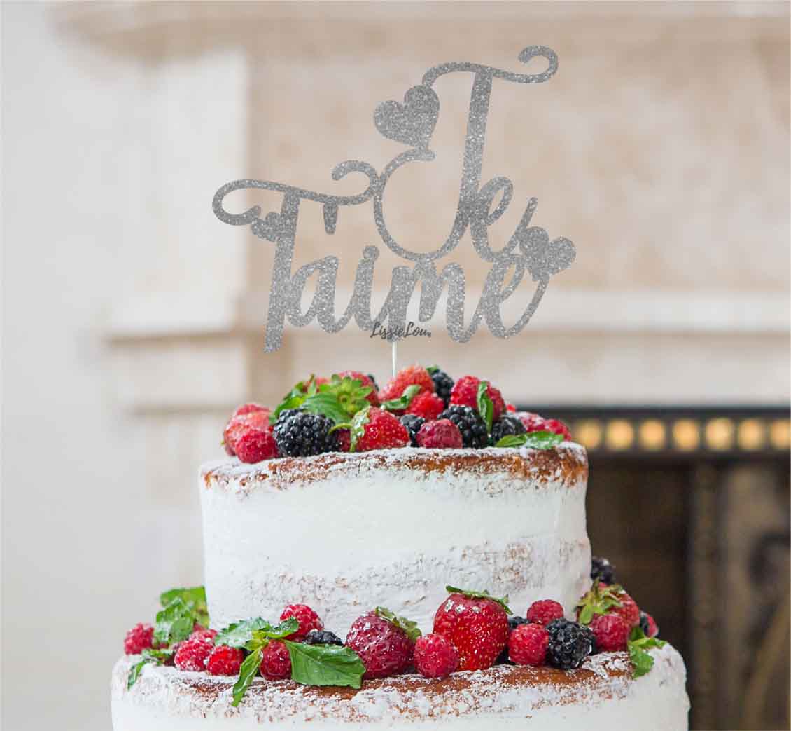 Je T'aime I Love You Cake Topper Glitter Card Silver