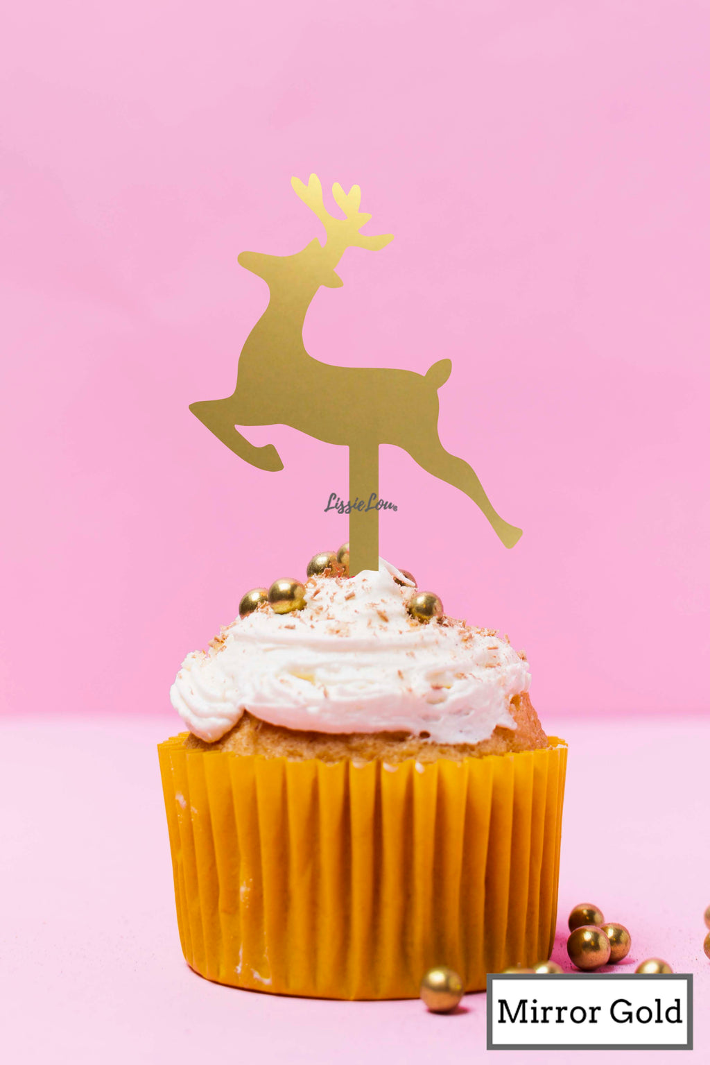 LissieLou Jumping Reindeer Cupcake Topper Premium 3mm Acrylic Mirror Gold