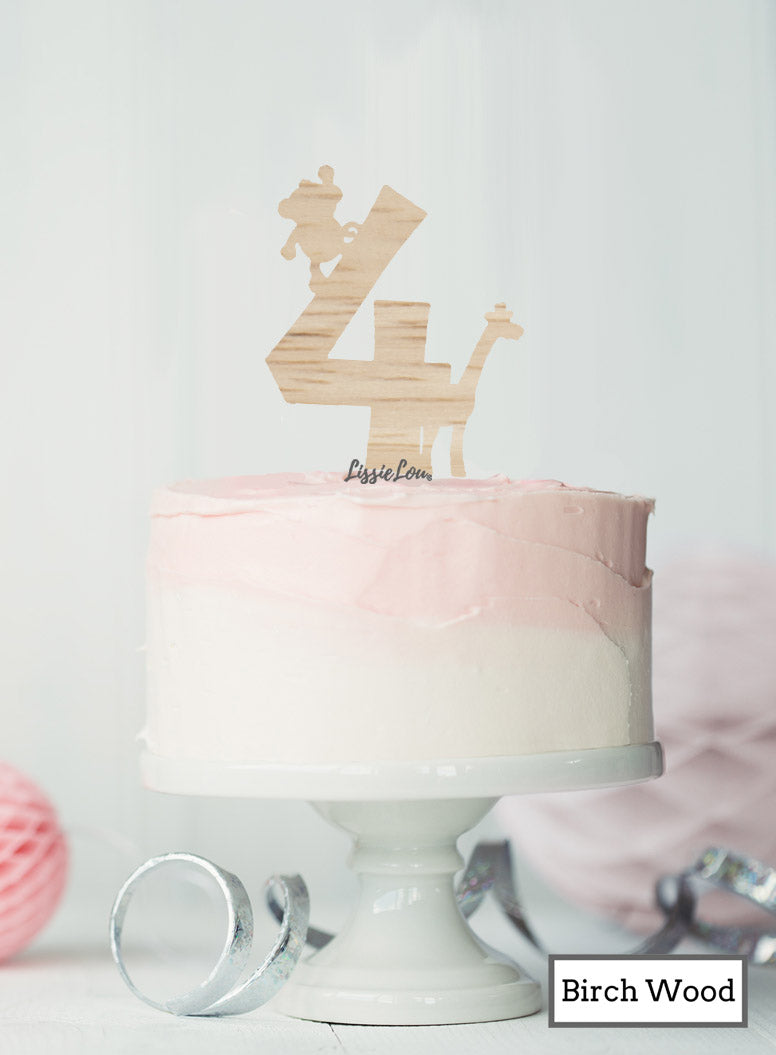 Eco Friendly Number Four Jungle Fun Cake Topper Premium 3mm Birch Wood