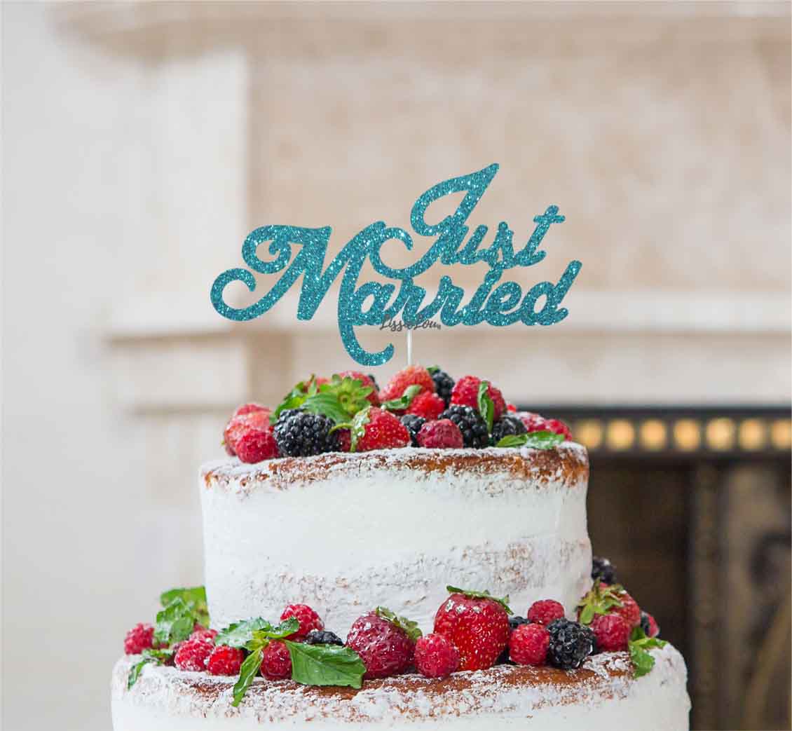 Just Married Wedding Cake Topper Glitter Card Light Blue