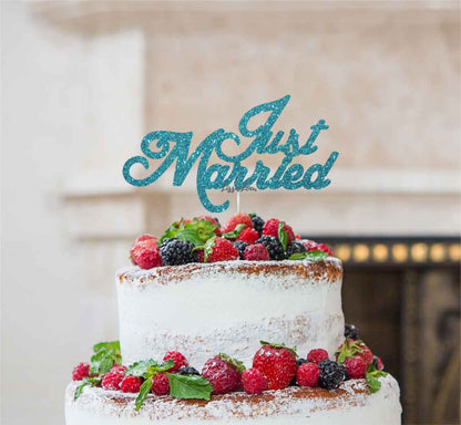 Just Married Wedding Cake Topper Glitter Card Light Blue