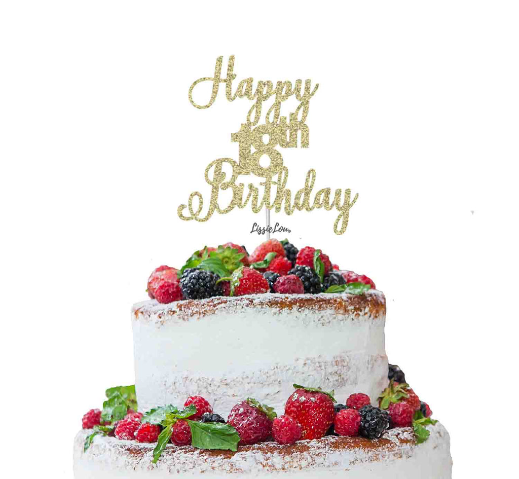 Happy 18th Birthday Pretty Cake Topper Glitter Card Gold