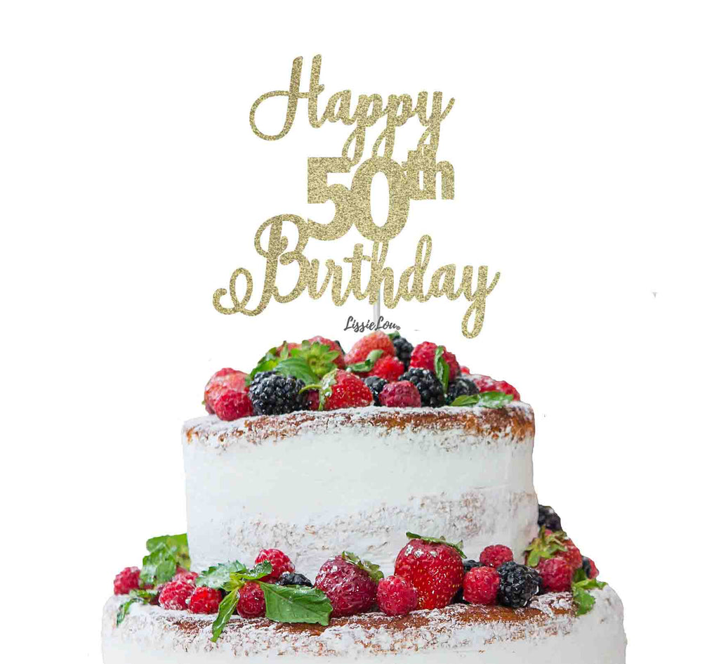 Happy 50th Birthday Pretty Cake Topper Glitter Card Gold