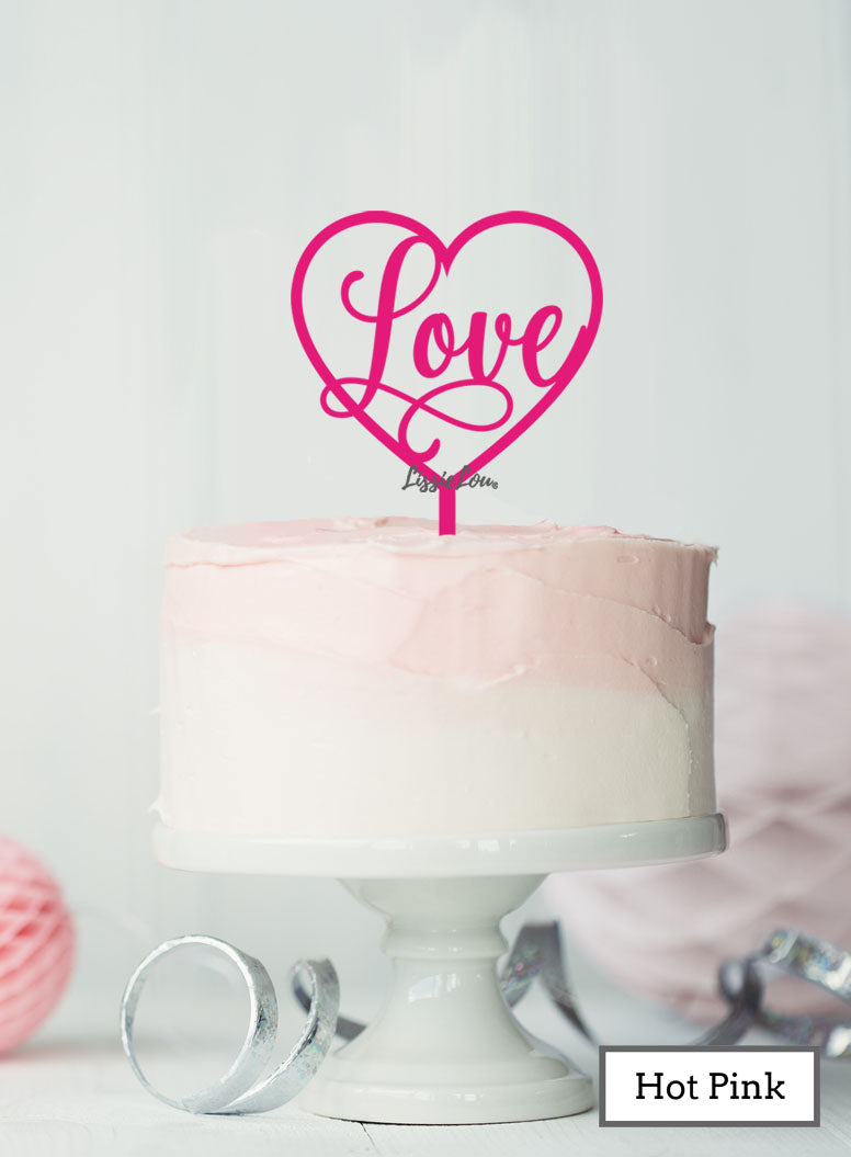 Love in a Heart Wedding Valentine's Cake Topper Premium 3mm Acrylic Hot Pink