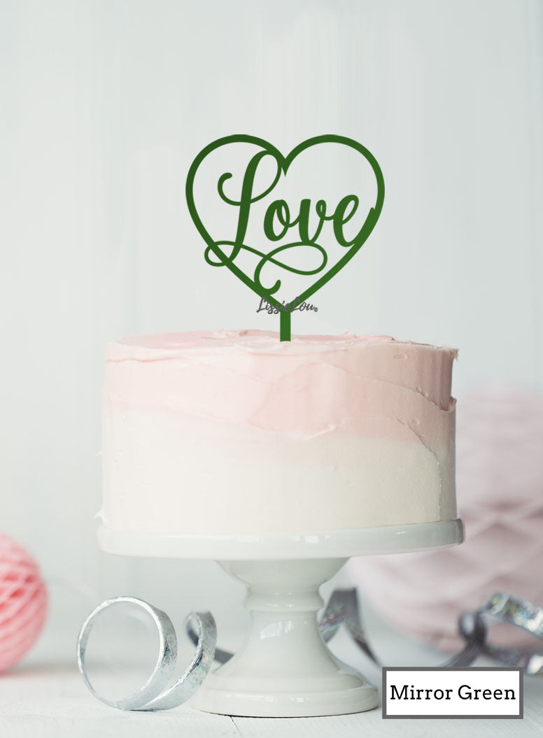 Love in a Heart Wedding Valentine's Cake Topper Premium 3mm Acrylic Mirror Green